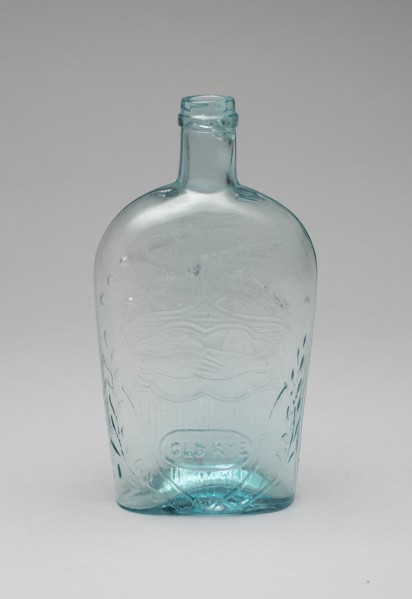 Flask, 1852/89. Clasped hands, and the words 'Old Rye'.