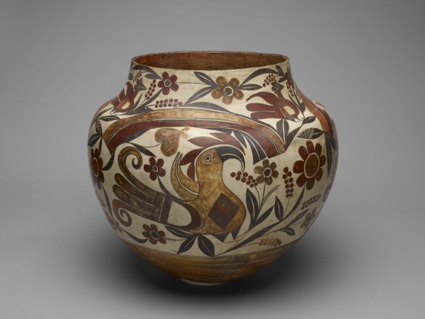 Polychrome Jar with Rainbow, Macaw, and Floral Motifs, 1880s.