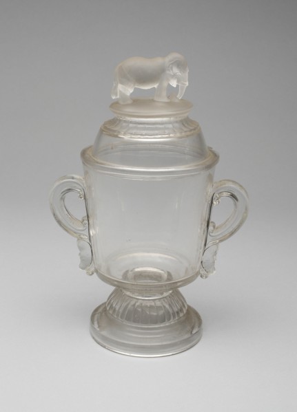 Jumbo/Elephant covered dish, 1883/5. Attributed to Canton Glass Company.