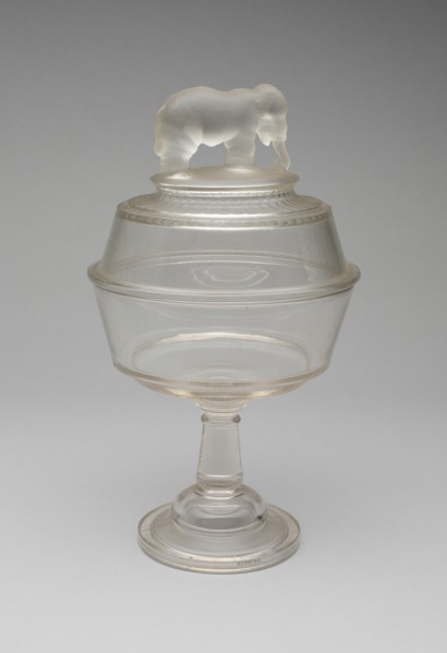 Jumbo/Elephant pattern covered compote on pedestal, 1883/5. Attributed to Canton Glass Company.