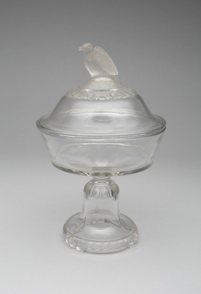 Old Abe/Frosted Eagle pattern covered compote on pedestal, 1880/90. Attributed to the Crystal Glass Company.
