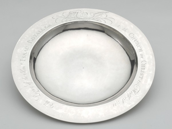 Communion Dish, 1781. 'The Legacy of the Hon.ble Isaac Royale Esq. to the Church of Christ in Medford 1781'. Engraved angel.