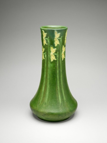 Vase, 1903/9. Japanese-influenced glazed earthenware vessel with daffodil motif. Design attributed to George Prentiss, decoration attributed to Eva Russell,
