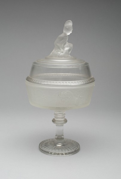 Westward Ho!/Pioneer pattern covered compote on pedestal, c. 1876.