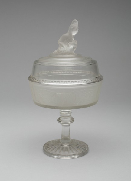 Westward Ho!/Pioneer pattern covered compote on pedestal, c. 1876.