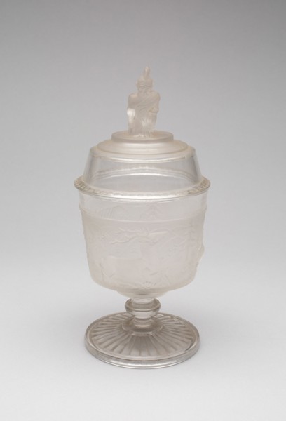 Westward Ho!/Pioneer pattern covered sugar bowl, c. 1876.