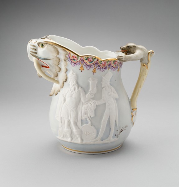 Bar Pitcher, c. 1880. Jug with bear-shaped handle and long-tusked walrus spout. Relief decoration of King Gambrinus, legendary inventor of beer, presenting a keg to Brother Jonathan, a fictional chara...