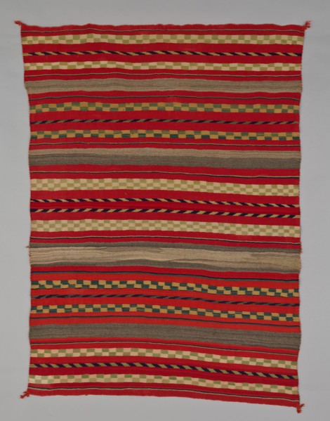 Sarape with Compound Banded Design, 1870/95. A work made of wool, plain weave and single interlocking tapestry weave; twined warp ends and selvages; looped and knotted augmented corner tassels.