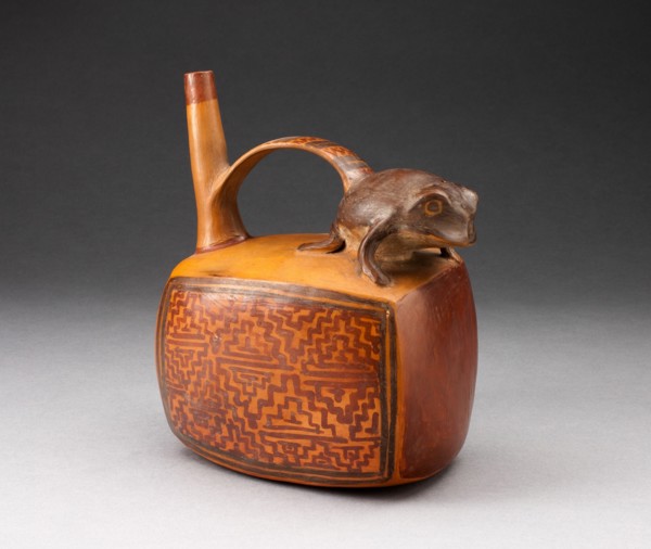 Single Spout Rectangular Vessel with Sculpted Frog and Textile-like Motifs, A.D. 500/800.