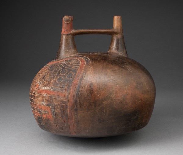 Double Spout Vessel with Incised and Painted Abstract Feline Head, 650/150 B.C.