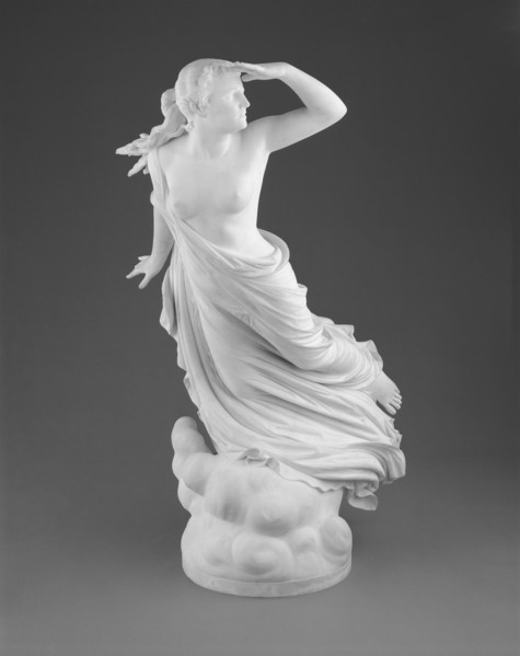 The Lost Pleiade, 1874/75. Marble sculpture of the outcast Merope partially clothed, her hand raised to her forehead as she searches for her celestial family.