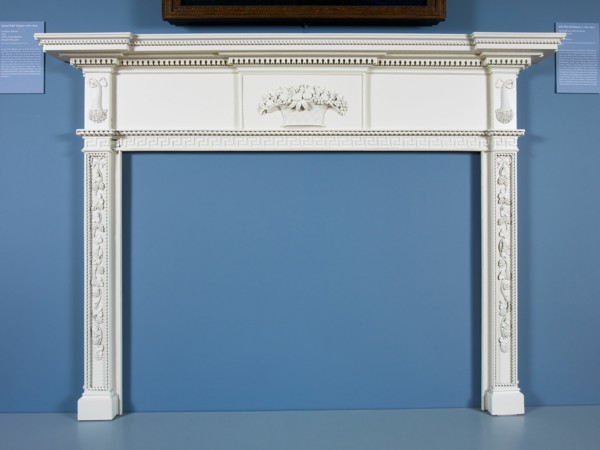 Mantel, 1813. Wooden fire surround with carved grape vines, cornucopia, and baskets of fruit and flowers. Made for Oak Hill, Elizabeth Derby West's country estate in South Danvers, Massachusetts