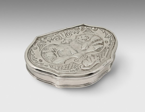 Snuff Box, 1752. Stylised foliage decoration with landscape scene.