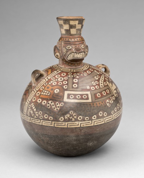 Bottle with a Masked Figure and Abstract Feline and Textile Motifs, A.D. 700/900.