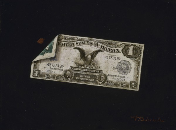 One Dollar Silver Certificate, 1898/1900. Trompe l'oeil dollar bill. Some of bank clerk Dubreuil's paintings were confiscated by the Secret Service in the 1890s.