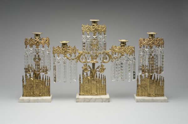 Girandoles, designed 1849. Candleholders with Gothic cathedral design, made of gilt brass, glass, and marble.