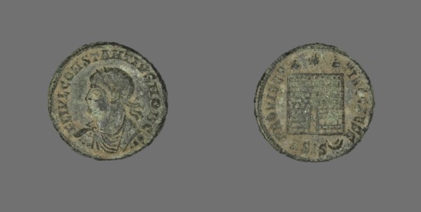 Coin Portraying the Emperor Constantius I, 250-306. Scroll on a cream ground and gold border on top and bottom. Branch depicted in black ink with Chinese characters to the left of the branch.