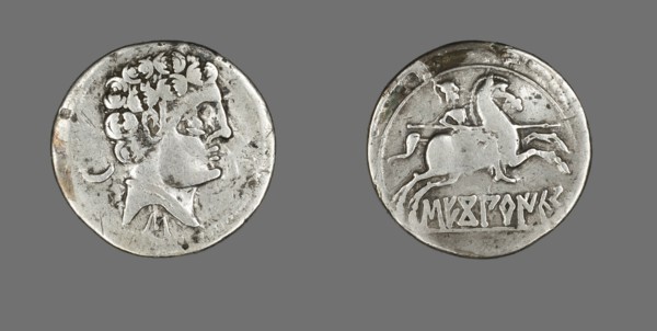 Denarius (Coin) Depicting a Laureate, about 100-50 BCE.