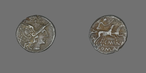 Denarius (Coin) Depicting the Goddess Roma, 153 BCE.