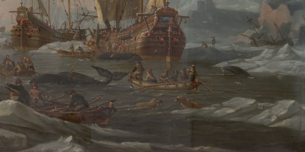 The Dutch Whaling Fleet, 1690/1700. Sailors harpooning whales and attacking polar bears. Detail from a larger artwork.