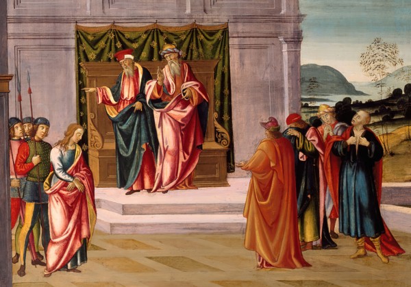 Susanna and the Elders in the Garden, and the Trial of Susanna before the Elders, c. 1500. Detail from a larger artwork.