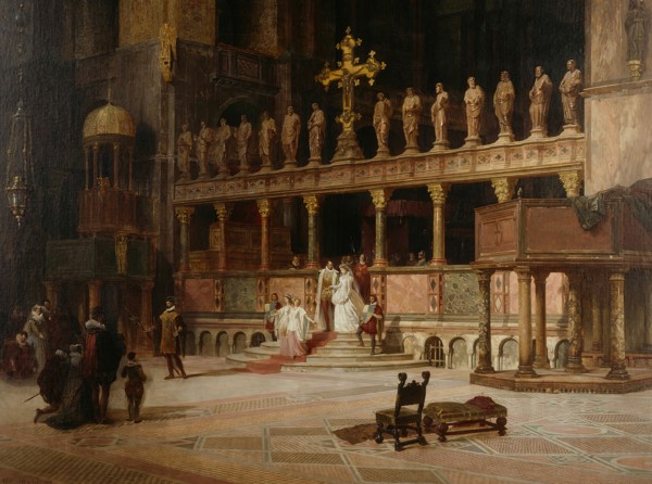 Interior of St. Mark's, Venice, 1869. Bride and groom in 16th-century dress. Detail from a larger artwork.