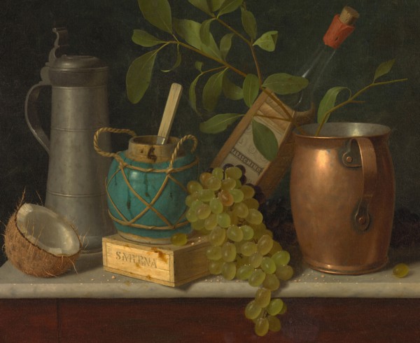 Just Dessert, 1891. Trompe l'oeil scene with half a coconut, copper pitcher, pewter tankard, jar of preserved ginger, Smyrna figs, bunches of grapes and Maraschino liqueur. Detail from a larger artwor...