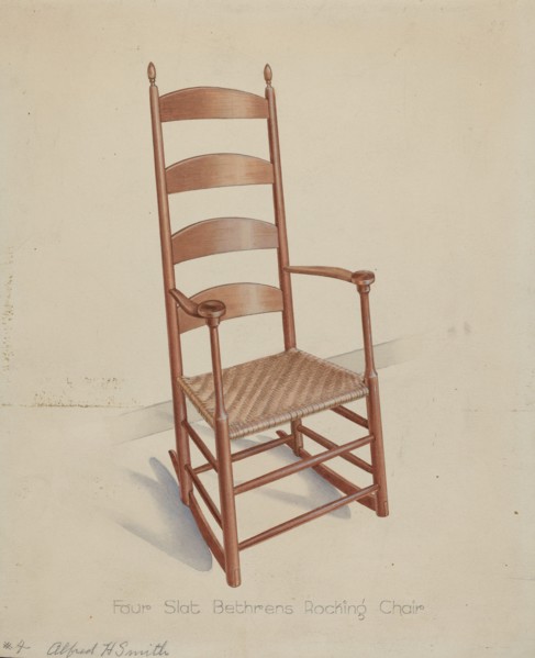 Shaker Rocking Chair, c. 1937. (Artist's note: Four slat Bethrens rocking chair).