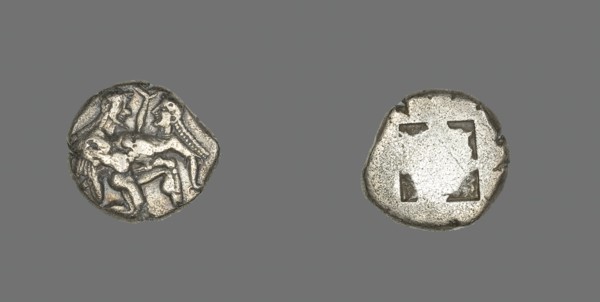 Stater (Coin) Depicting a Satyr and Nymph, 500-463 BCE. Creator: Unknown.