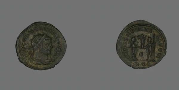 Antoninianus (Coin) Portraying Emperor Marcus Aurelius Valerius Maximianus..., about 293. Creator: Unknown.