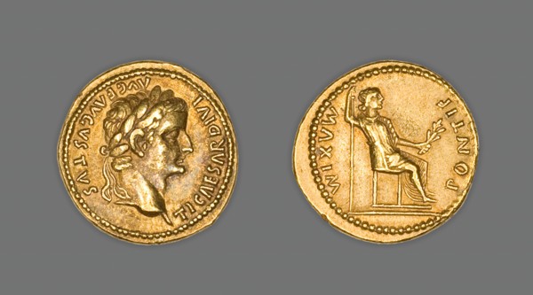 Aureus (Coin) Portraying Emperor Tiberius, 15-37 CE, issued by Tiberius.  Creator: Unknown.