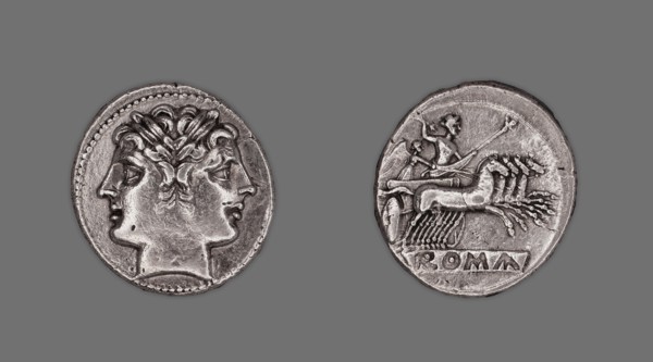 Didrachm (Coin) Depicting the Dioscuri (Castor and Pollux), 225-214 BCE, issued by the Roman Republi Creator: Unknown.