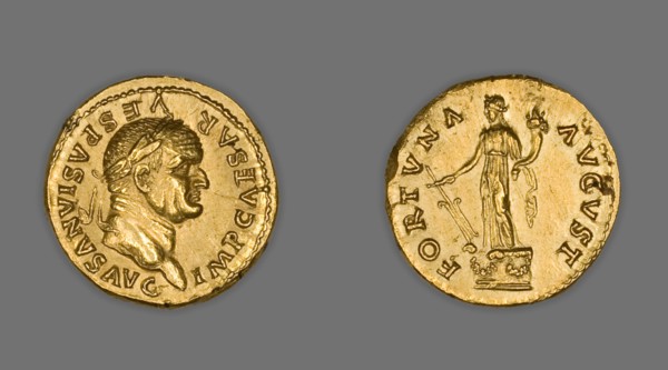Aureus (Coin) Portraying Emperor Vespasian, 75-79, issued by Vespasian. Creator: Unknown.