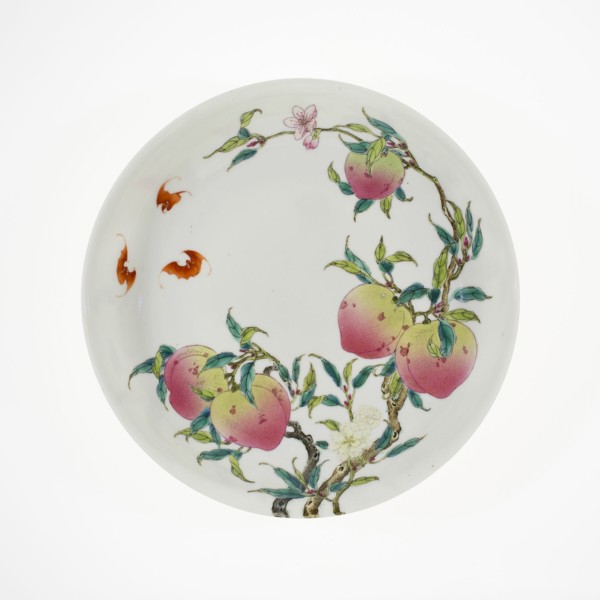 Dish with Fruiting Peaches, Tree Peony, Flowering Plum, and Bats, Qing dynasty, probably 19th cent. Creator: Unknown.