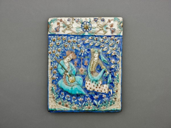 Rectangular Tile with Musician and Dancer, Qajar dynasty (1796-1925), 19th century. Creator: Unknown.