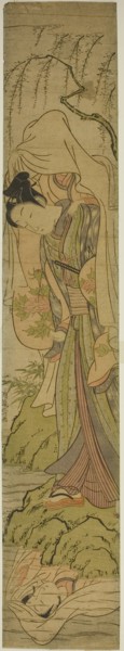 Young Man Carrying a Girl Sees her Reflection in the Water, c. 1771. Creator: Isoda Koryusai.