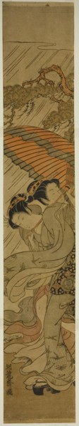 Two Young Women with Umbrella Caught in Rainstorm, c. 1771. Creator: Isoda Koryusai.