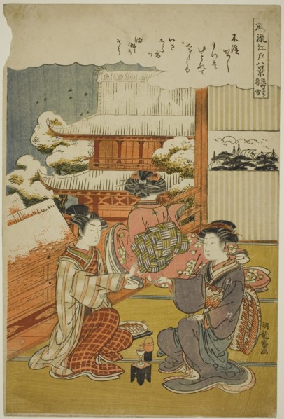 Evening Snow at Sensoji Temple (Sensoji no bosetsu), from the series "Eight..., c1776/81. Creator: Isoda Koryusai.