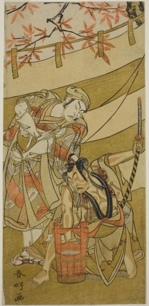 The Actors Ichikawa Raizo II as Kojiro Masahira (right) and Ichikawa Danzo IV as Doi no..., c. 1774. Creator: Katsukawa Shunko.