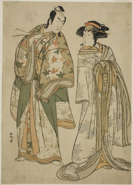 The Actors Segawa Kikunojo III as the Courtesan Sumizome (right), and Ichikawa..., c. 1784. Creator: Katsukawa Shunko.