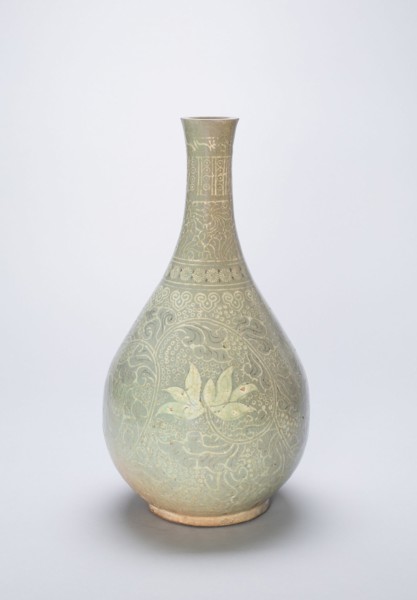 Bottle-Shaped Vase with Lotus Flowers and Stylized Scrolls, Korea, Goryeo dynasty, 14th century. Creator: Unknown.