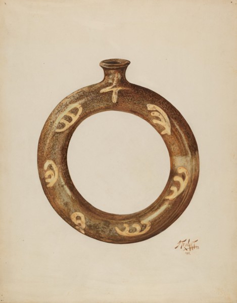 Ring-shaped Pottery Bottle, c. 1940. Creators: Arthur Stewart, Claude Marshall.