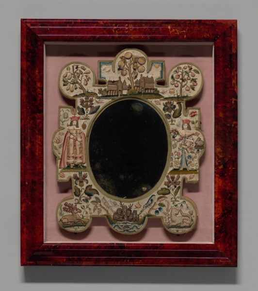Mirror Depicting King Charles II and Queen Catherine of Braganza, England, 17th century.