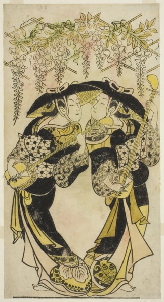 The Actors Sanjo Kantaro (right) and Fujimura Handayu (left) as musicians playing under wisteria, c. 1717/18.