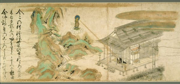 Legends of the Yuzu Nembutsu Sect, 14th century. Long painted scroll, green, brown mountains, wooden house, Amida Buddha on cloud.