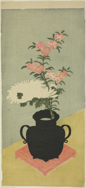 White Chrysanthemums and Pinks in a Black Vase, 1765/70. Attributed to Ippitsusai Buncho.