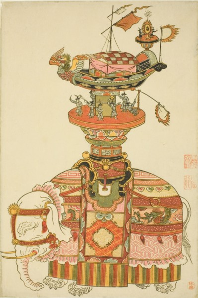 Mechanical Elephant with Festival Barge and Korean Musicians, c. 1765. Attributed to Komatsuya Hyakki.