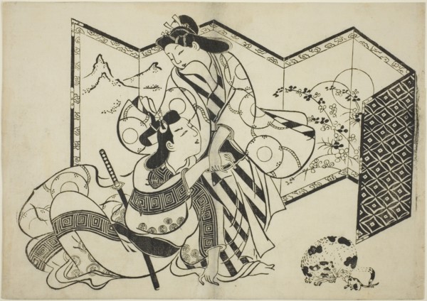 Lovers, a Cat, and a Mouse in front of a Folding Screen, c. 1684/98. Attributed to Sugimura Jihei.