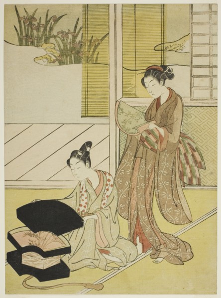 A Fan Peddler Showing his Wares to a Young Woman, c. 1765/70. Attributed to Suzuki Harunobu.