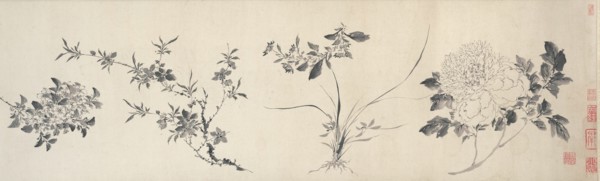 Flowers of the Four Seasons, Ming dynasty (1368-1644), 1599. Horizontal image of four distinct cut or uprooted flowers rendered in fine black ink. The first three feature small leaves and blossoms, th...